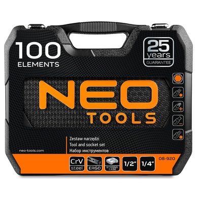 Набір інструментів універсальний 1/4, 1/2, CrV, кейс 100 шт. Neo Tools 08-920
