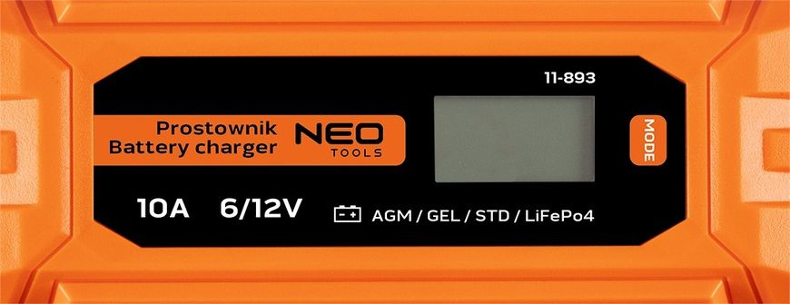 Інтелектуальний зарядний пристрій 10A/160W, 3-200AH, для кислотних / AGM / GEL акумуляторів Neo Tools 11-893