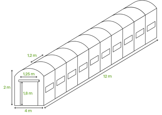 Туннель-теплица Cultivo DOUBLE Дверь 4х12х2 - 48м2 зеленый 003354, 003354