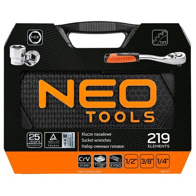 Набор Ключей и сменных головок 219 ШТ., 1/2", 3/8", 1/4", CRV Neo-Tools 08-671
