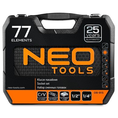 Набір інструментів та торцевих головок 1/4", 1/2" CrV 77 шт. Neo Tools 08-915