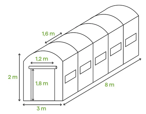 Туннель-теплица Cultivo DOUBLE Дверь 3х8х2 - 24м2 зеленый 002919, 002919