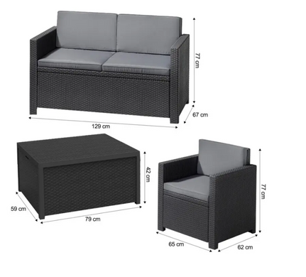 Набір пластикових меблів Keter Armona Set двохмісний диван, 2 крісла та стіл-скриня 247590 Графіт